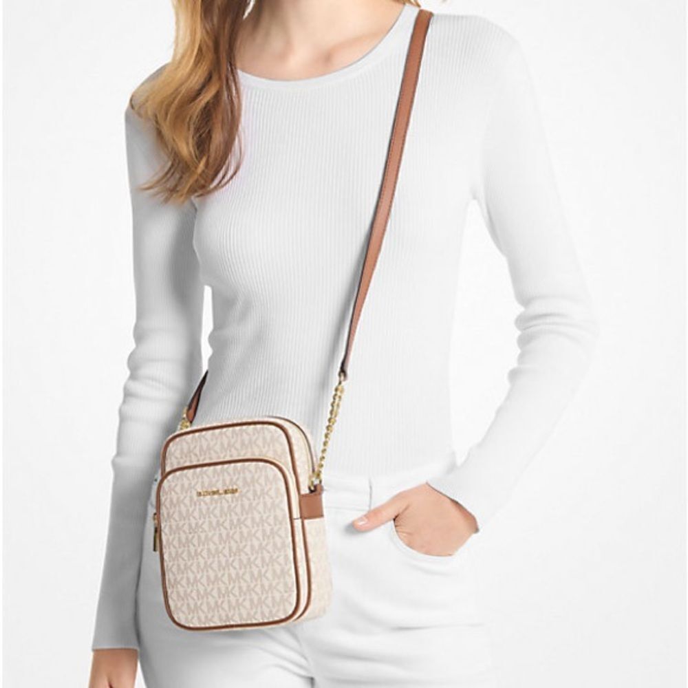 Michael Kors Jet Set Travel Medium‎ Logo Crossbody Bag vanilla/Brown NWT - Picture 2 of 7